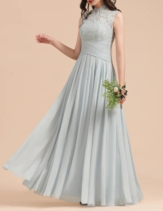 A-line High Neck Chiffon Lace Floor Length Bridesmaid Dresses