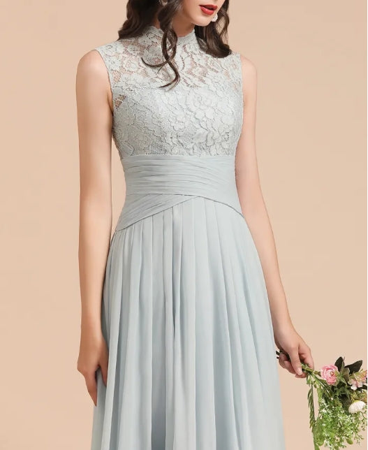A-line High Neck Chiffon Lace Floor Length Bridesmaid Dresses