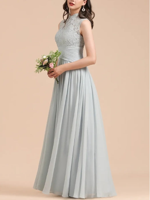 A-line High Neck Chiffon Lace Floor Length Bridesmaid Dresses