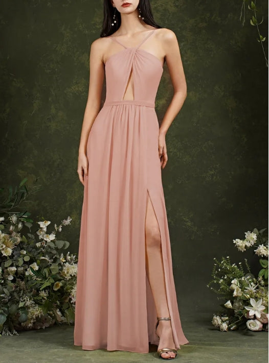Spaghetti Straps Halter A-Line Floor-length Split Bridesmaid Dress With Pockets