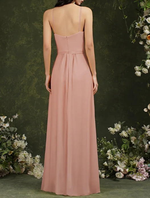 Spaghetti Straps Halter A-Line Floor-length Split Bridesmaid Dress With Pockets