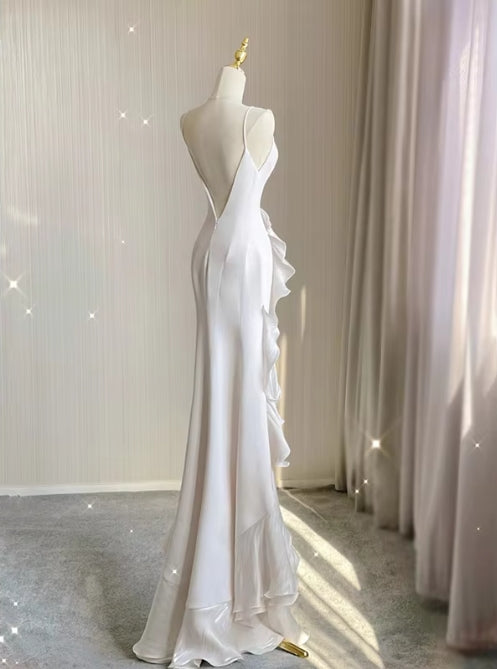 Mermaid Beach Wedding Dress With Ruffles Spaghetti Straps Backless Prom Gown