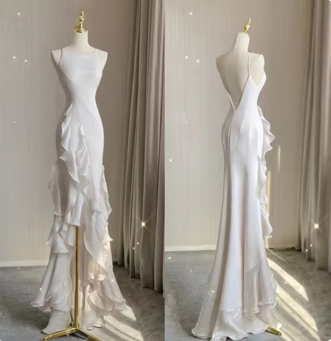 Mermaid Beach Wedding Dress With Ruffles Spaghetti Straps Backless Prom Gown