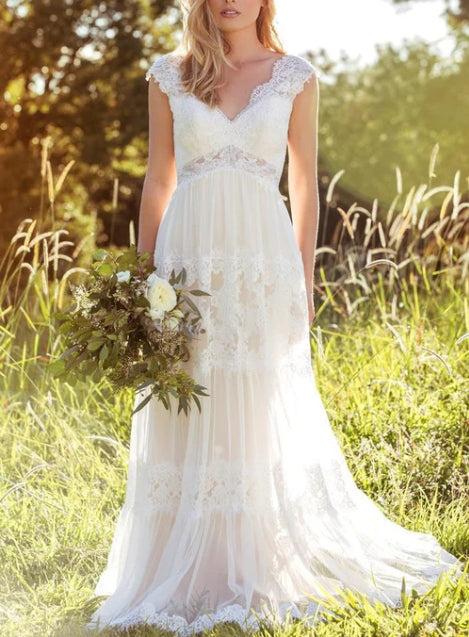 V-Neck Long Cap-Sleeve Appliqued Lace Tulle Wedding Dress