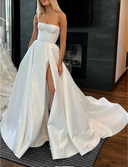 Ball Gown Strapless Satin Wedding Dresses with Slit