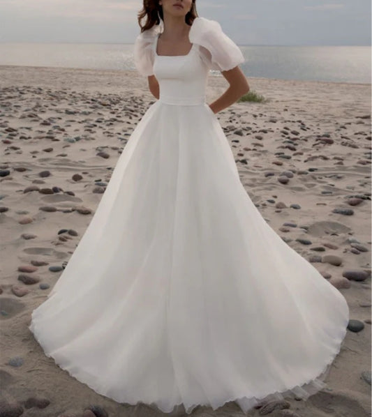 A-Line Square Neck Short Sleeves Wedding Dresses with Train