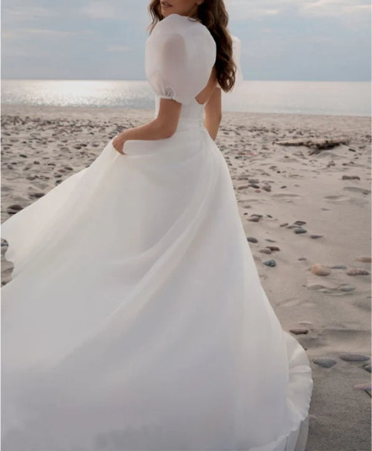 A-Line Square Neck Short Sleeves Wedding Dresses with Train
