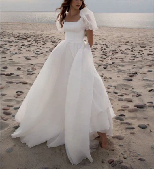 A-Line Square Neck Short Sleeves Wedding Dresses with Train
