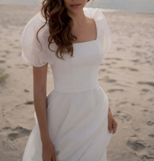 A-Line Square Neck Short Sleeves Wedding Dresses with Train