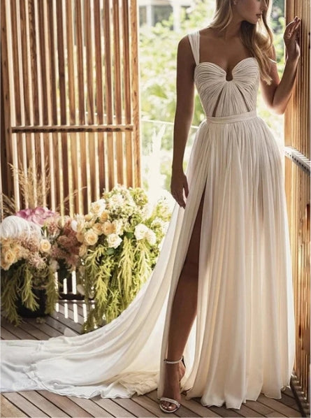 Bohemian A-Line Long Chiffon Sweetheart Wedding Dresses