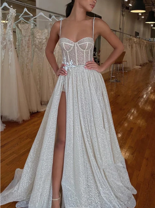 Spaghetti Straps Lace Appliques Sparkly A-Line Wedding Dress