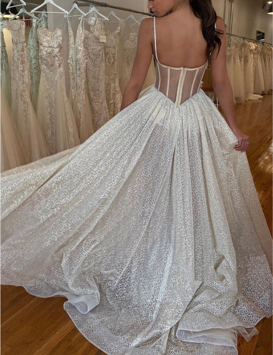 Spaghetti Straps Lace Appliques Sparkly A-Line Wedding Dress