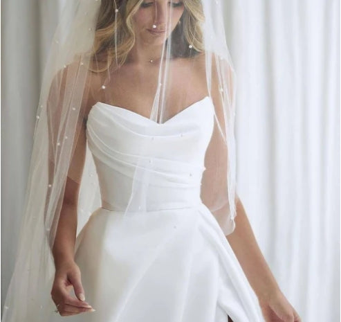 A-Line White Sleeveless Satin Wedding Dress With Side Slit