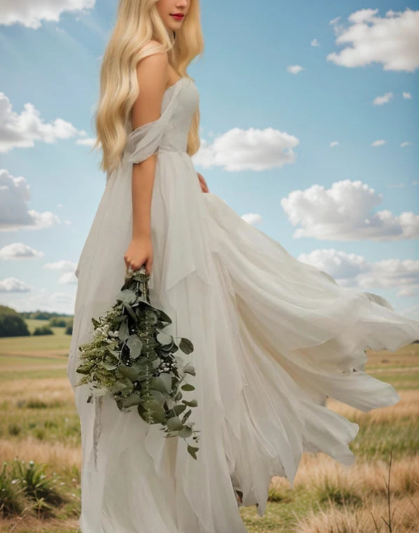 A-Line Sweetheart Off-the-shoulder Chiffon Floor Length Wedding Dress