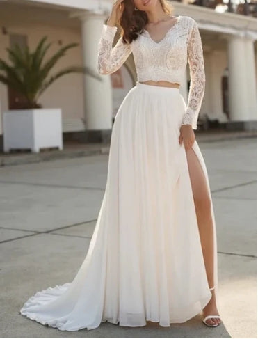 Two Piece V-neck Wedding Dress with Sweep Train Lace Long Sleeves