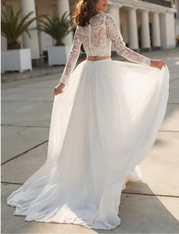 Two Piece V-neck Wedding Dress with Sweep Train Lace Long Sleeves
