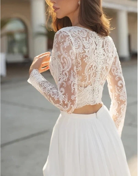 Two Piece V-neck Wedding Dress with Sweep Train Lace Long Sleeves