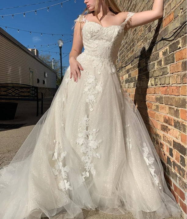Glitter A-Line Off The Shouder White Long Wedding Dress with Appliques