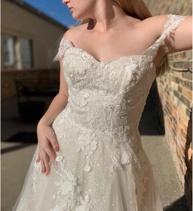 Glitter A-Line Off The Shouder White Long Wedding Dress with Appliques