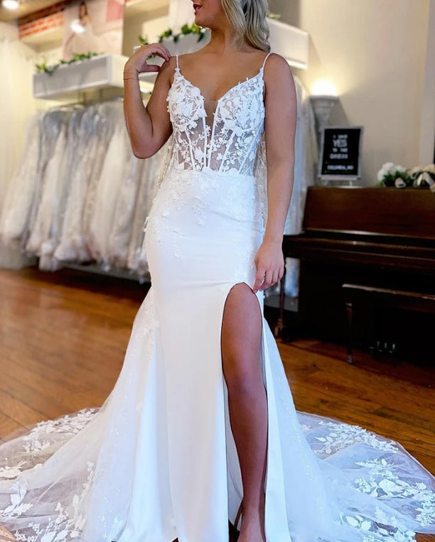 Ivory Spaghetti Straps High Slit Mermaid Wedding Dress with Appliques