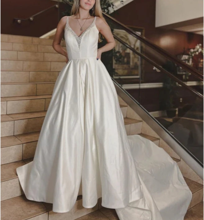 A-line V-Neck Chapel Train Satin Wedding Dress With Beading