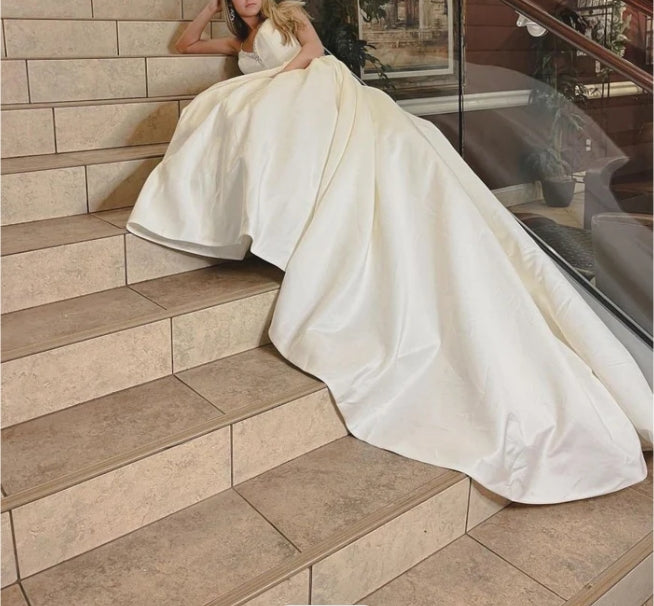 A-line V-Neck Chapel Train Satin Wedding Dress With Beading