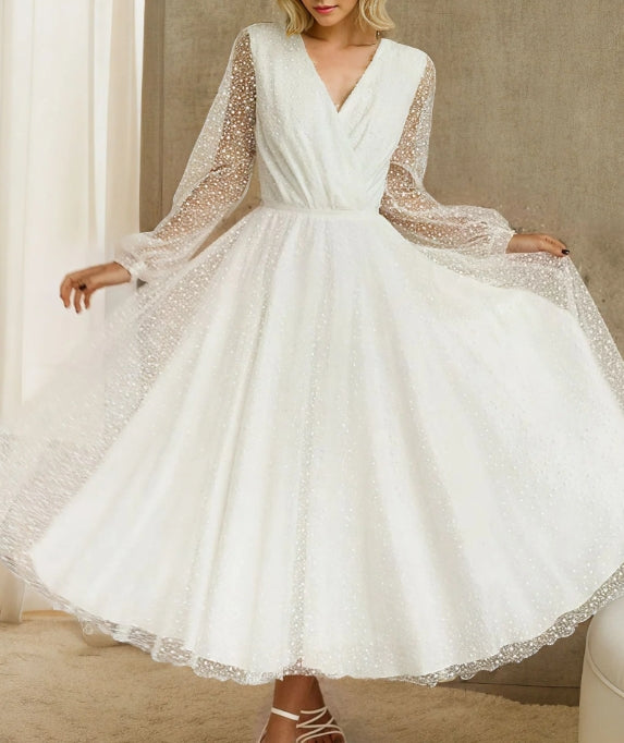 A-Line Tulle White Tea-Length Long Sleeve Wedding Dress