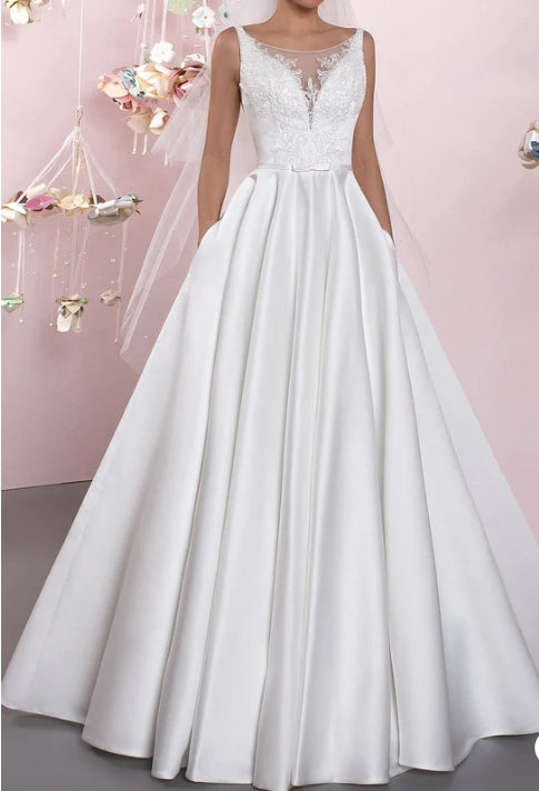A-Line Illusion Neck Sleeveless Floor-Length Satin Wedding Dress With