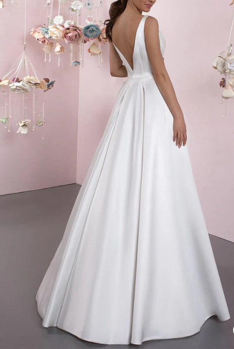 A-Line Illusion Neck Sleeveless Floor-Length Satin Wedding Dress With