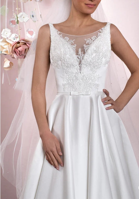 A-Line Illusion Neck Sleeveless Floor-Length Satin Wedding Dress With