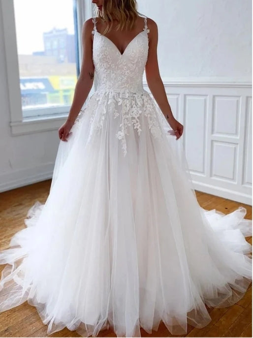 A Line Spaghetti Straps Tulle Sweep Train Wedding Dresses With
