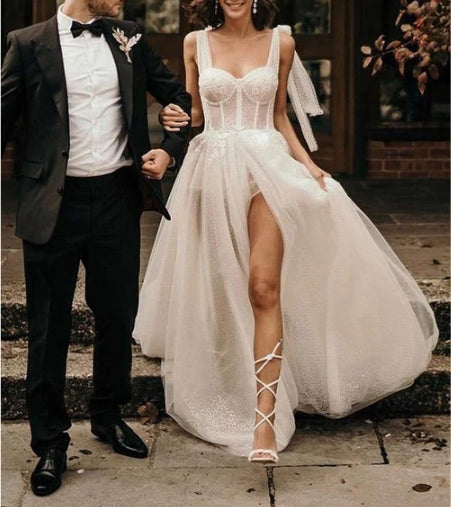 Ivory Straps A Line With Sequins Sleeveless Wedding Dresses