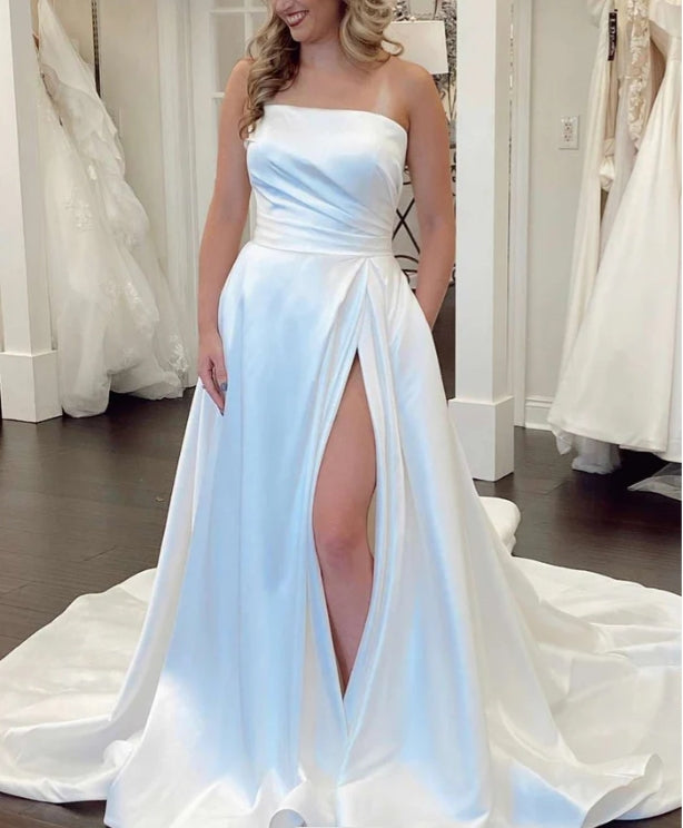 Mermaid White Satin Strapless A-Line Wedding Dress with Slit