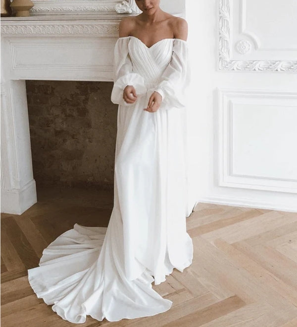 Off the Shoulder Chiffon Beach Long-Sleeve Wedding Dresses