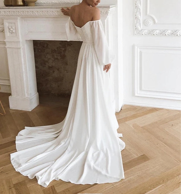 Off the Shoulder Chiffon Beach Long-Sleeve Wedding Dresses