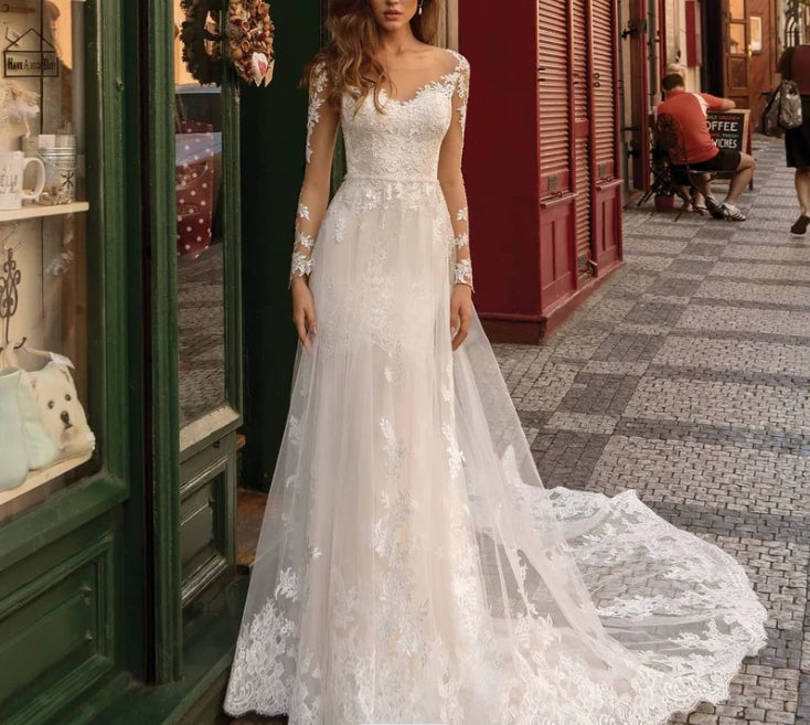 Long Sleeves Mermaid Lace Ivory Wedding Dresses