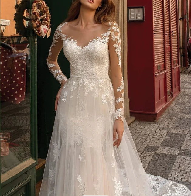 Long Sleeves Mermaid Lace Ivory Wedding Dresses