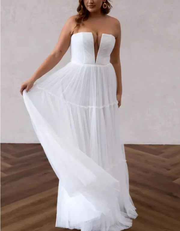 A Line V Neck Chiffon Long Wedding Dresses with