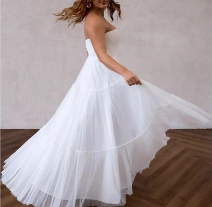 A Line V Neck Chiffon Long Wedding Dresses with