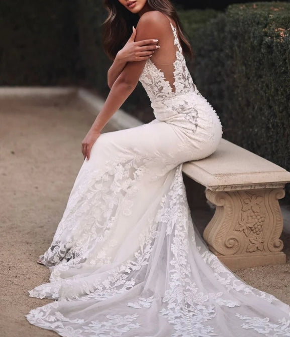 V Neck Satin Wedding Dresses with Lace Appliques