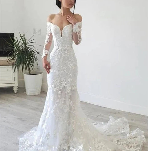 Mermaid Long Sleeve Off the Shoulder Lace Wedding Dress