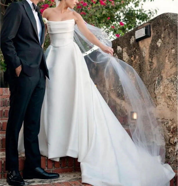 White Strapless Satin A-Line Wedding Dresses