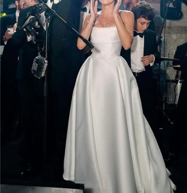 White Strapless Satin A-Line Wedding Dresses