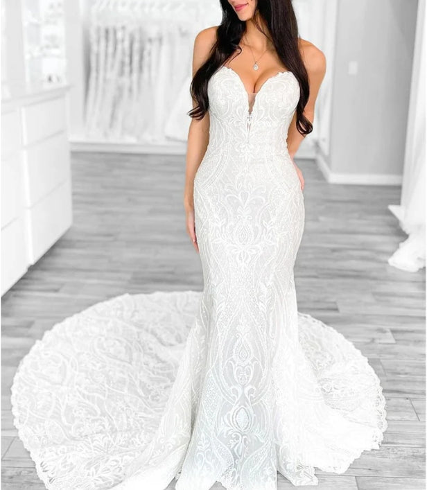Mermaid Strapless White Lace Wedding Dresses