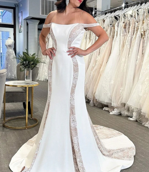 Mermaid Off The Shoulder Satin Wedding Dresses with Appliques