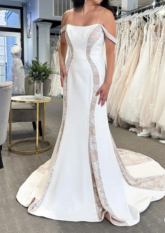 Mermaid Off The Shoulder Satin Wedding Dresses with Appliques