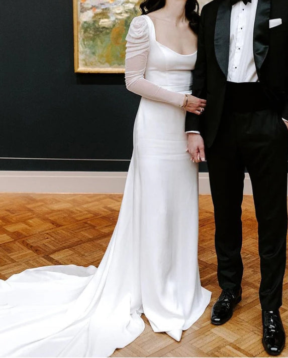 Square Neck Long Sleeves White Satin Wedding Dresses