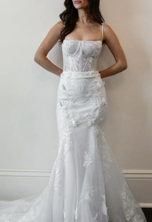 Spaghetti Straps White Tulle Wedding Dresses with Appliques