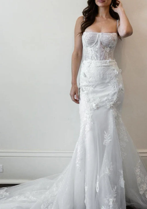 Spaghetti Straps White Tulle Wedding Dresses with Appliques