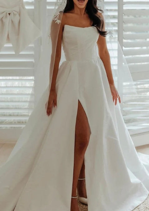 A-Line White Satin Strapless Wedding Dresses with Slit